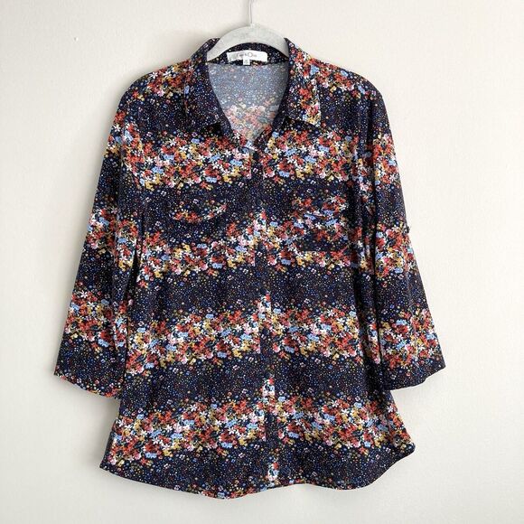 Eden & Olivia Navy Floral Flower Button Down Top Roll Tab Sleeves Size Medium - Picture 1 of 12